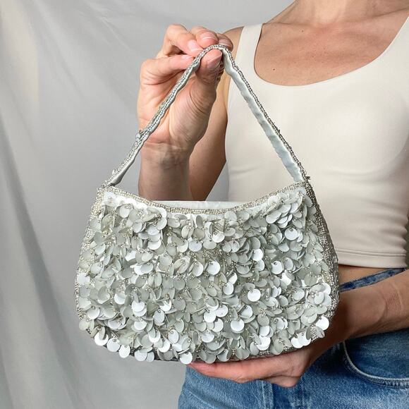 Cache silver beaded sequin mini evening bag convertible crossbody Y2K vintage - Picture 3 of 17
